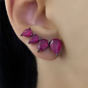 Brinco Ear Cuff Gotas com Banho de Ródio Negro e Zircônia Rosa Escuro