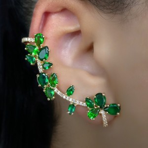 Brinco Ear Cuff Gotas Verdes com Zircônias e Banho de Ouro